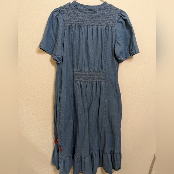 Nationals Embroidered denim Ruffle Midi Dress with flowers, ruching & pockets M - Picture 7 of 9